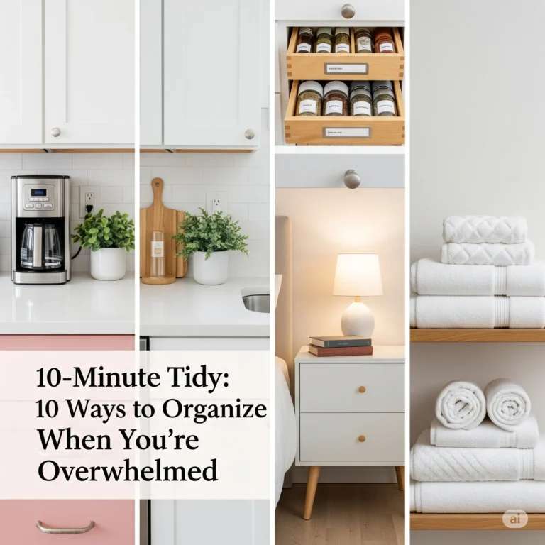 collage showing four organized home spaces with text that reads: "10-Minute Tidy: 10 Ways to Organize When You're Overwhelmed.