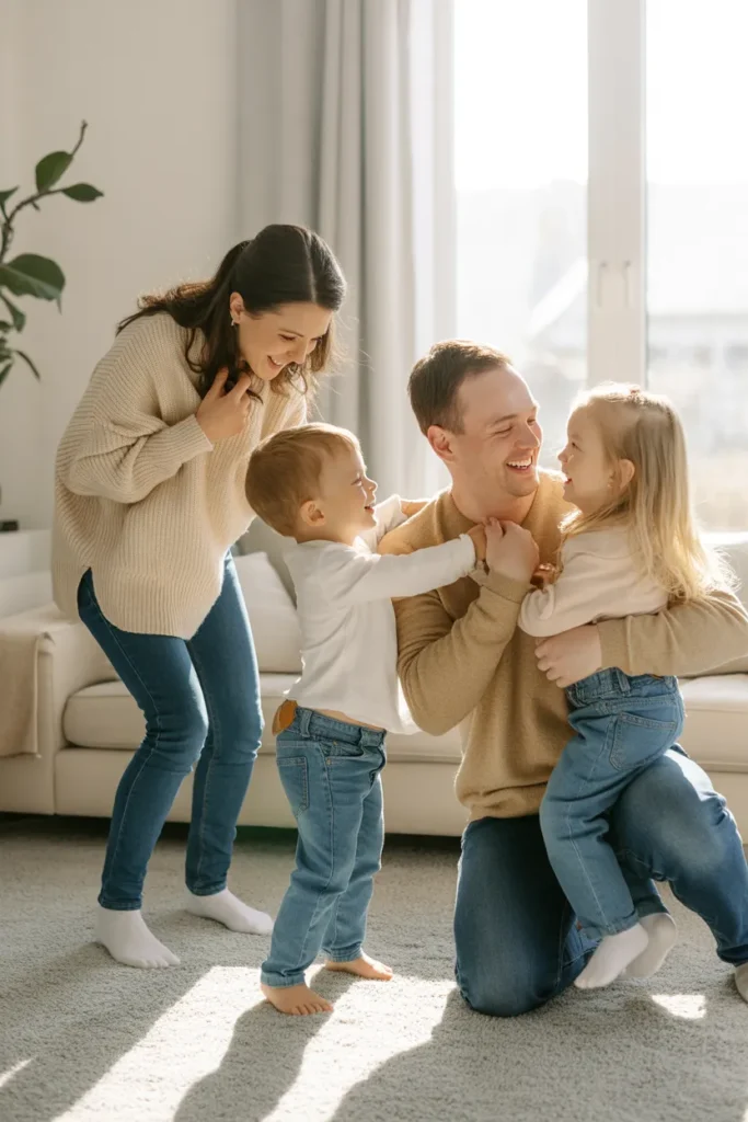 Happy family enjoying a bright, organized living space, illustrating the peaceful outcome of teamwork and a clutter-free home
