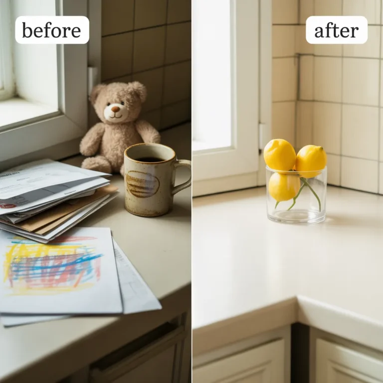 A hopeful and satisfying split-screen image showing a "before and after" of a small, relatable kitchen counter hotspot. On the Left (The "Before"): A realistic shot of a counter corner with everyday clutter. This includes a small pile of mail, a kid's drawing, a coffee mug, and maybe a stray toy. The lighting is natural. It should look familiar and validate the reader's own experience with clutter. On the Right (The "After"): The exact same counter space, but now it is completely clear and wiped clean. All that might remain is one simple, decorative item, a small vase with a bowl of lemons. It looks peaceful and calm but still like a real home.