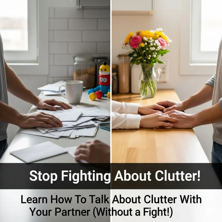 Split image contrasting a messy kitchen counter with scattered papers and toys on the left, and a clean, organized counter with flowers and a couple's hands clasped in peace on the right.