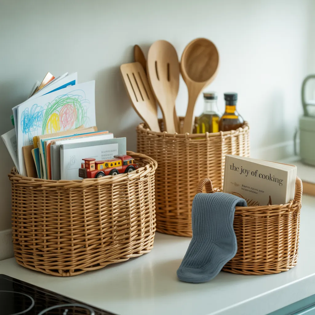 A visual demonstrating the 3-basket system for kitchen counter organization. It shows a kitchen counter with three baskets: one overflowing with typical clutter like mail and toys, one neatly organizing kitchen essentials, and another ready to collect out-of-place items, representing simple clutter solutions for overwhelmed moms.