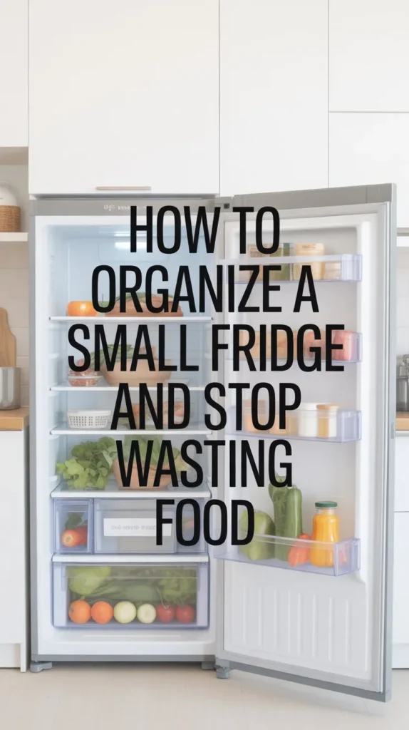 Organized small refrigerator with clear storage bins, fresh produce, and labeled containers
